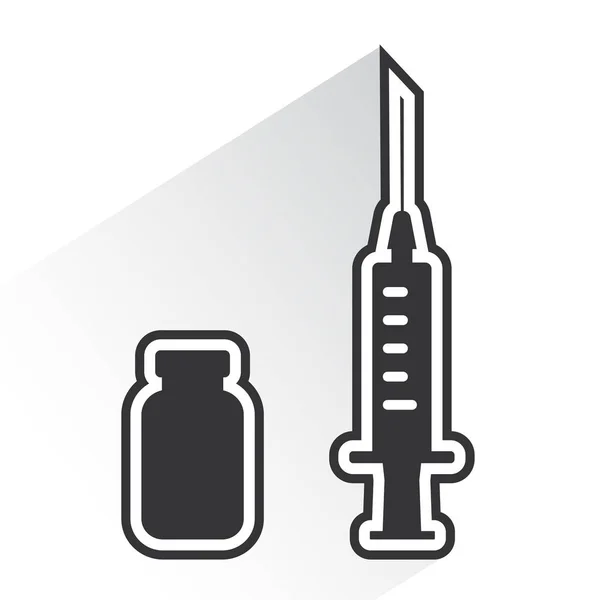 Zwart-witte spuit en injectieflacon met geneesmiddel met schaduw. Vector illustratie — Stockvector