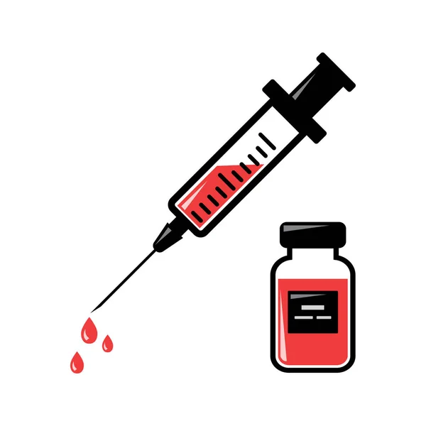 Strzykawka z czerwoną szczepionką, fiolka z lekiem. Ilustracja wektorowa — Wektor stockowy