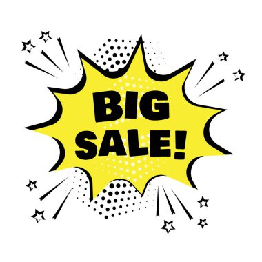 Büyük Satış sözcüğüyle sarı baloncuk. Pop sanat tarzında komik ses efektleri. Vektör illüstrasyonu.