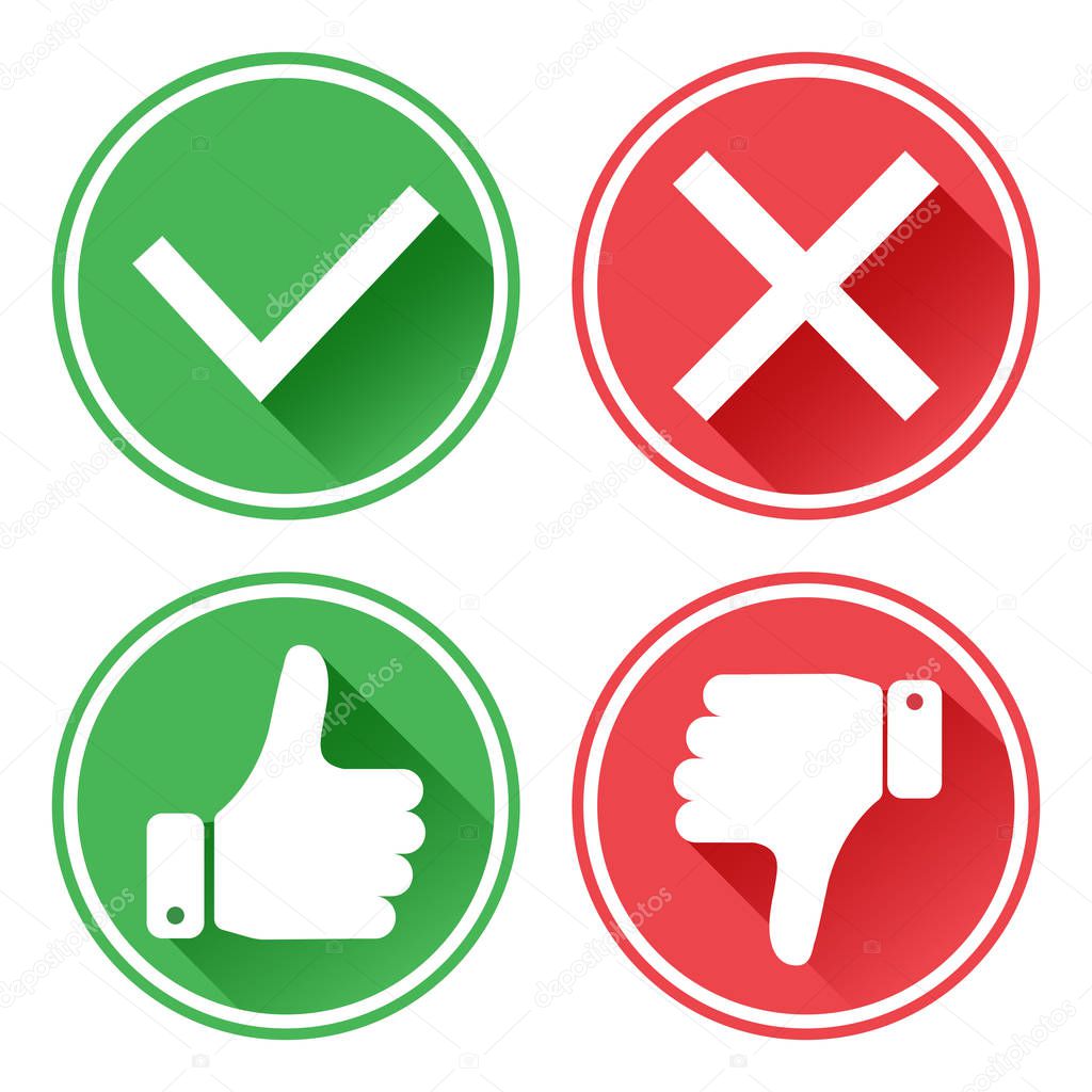 Set red and green icons. Thumb up and down. I like and dislike. Yes and no. Vector illustration.