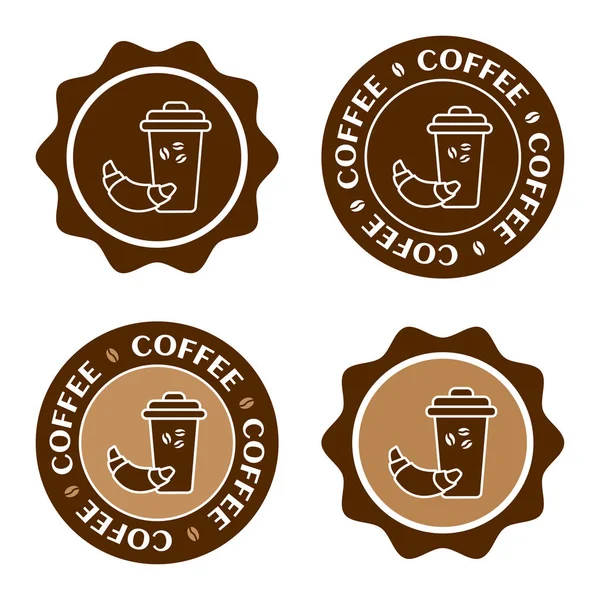 Bicchiere di caffè con un croissant. Set di etichette per caffè, logo del caffè, illustrazione vettoriale — Vettoriale Stock