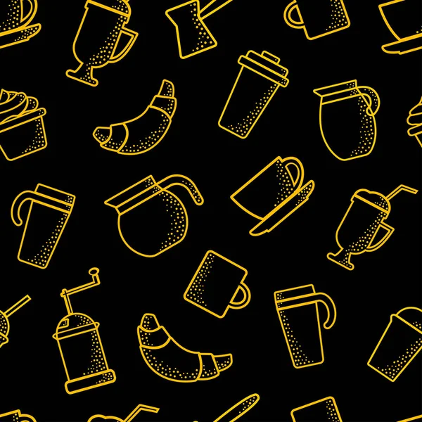 コーヒーをテーマにしたシームレスなパターン。アウトラインデザイン。黒い背景にオレンジ色のオブジェクト。ベクトルイラスト — ストックベクタ
