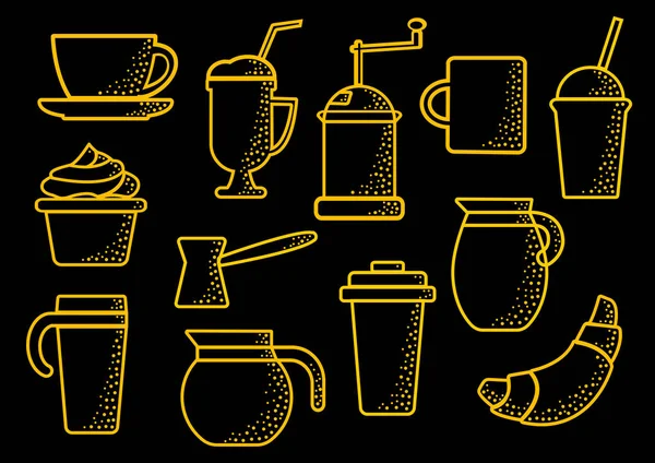 Set en el tema de café, contorno amarillo sobre fondo negro, ilustración vectorial — Archivo Imágenes Vectoriales
