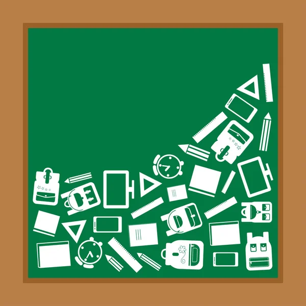 Tillbaka till skolan. Grön bakgrund med vita skolmaterial, Blackboard. Vektor illustration — Stock vektor