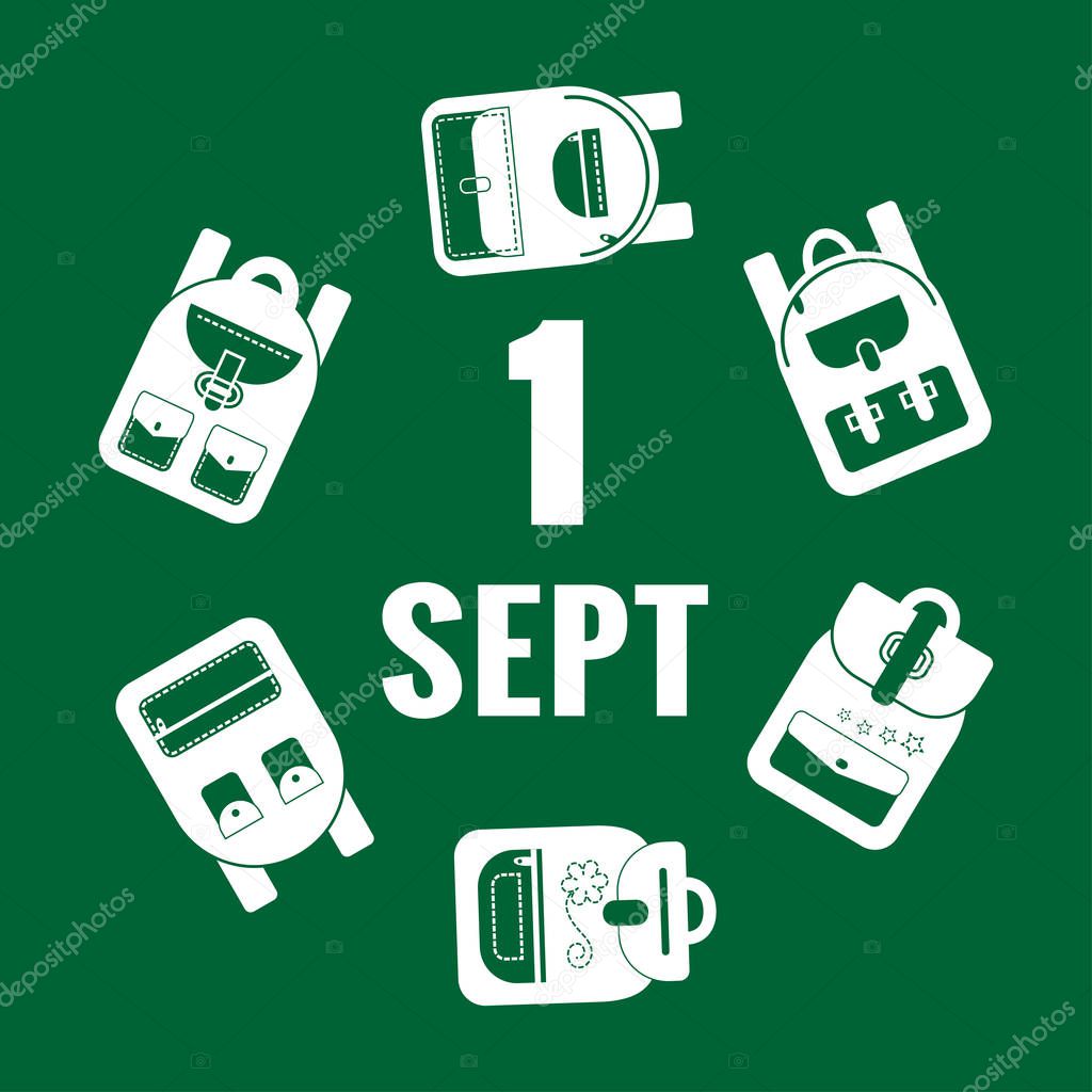 September 1 st. White set of backpacks on green background, vector illustration