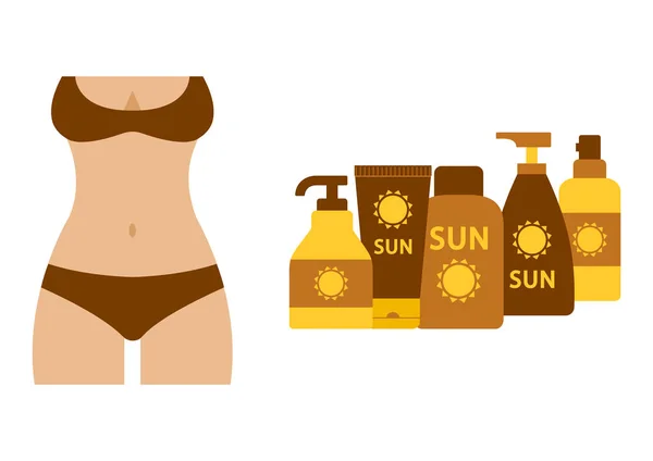 Sunburnt female silhouette in swimsuit, set of sunscreen and suntan cream or oil. Vector illustration — Stock Vector