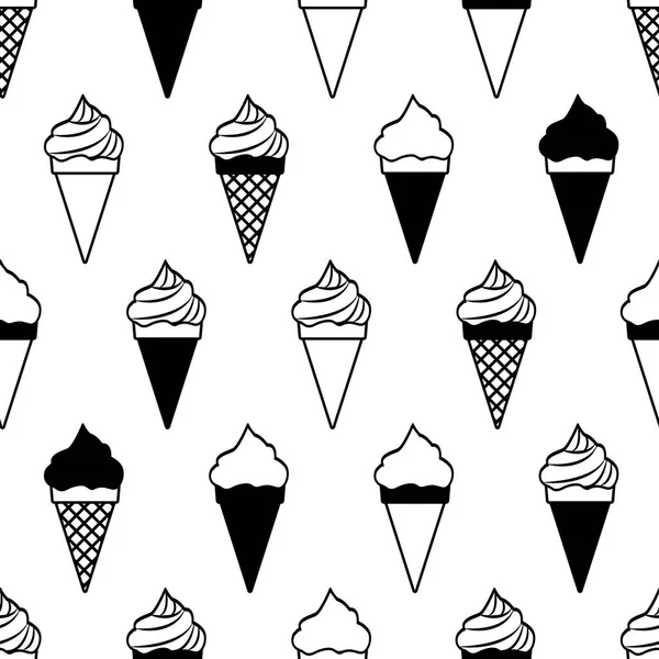 Patrón sin costuras con conos de helado aislados sobre fondo blanco, diseño en blanco y negro. Ilustración vectorial — Vector de stock