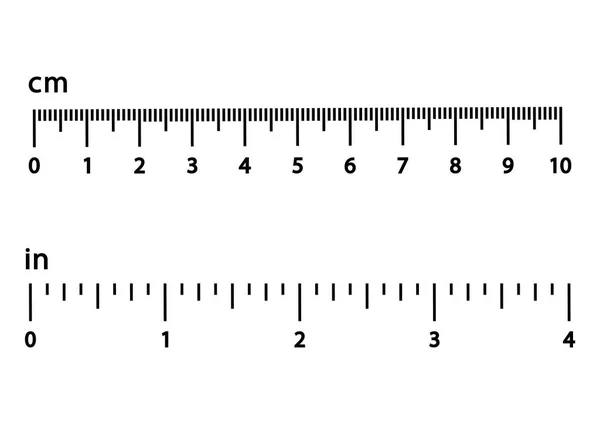 Centimeter och tum. Svart skala med siffror för linjaler. Olika måttenheter. Vektor illustration — Stock vektor