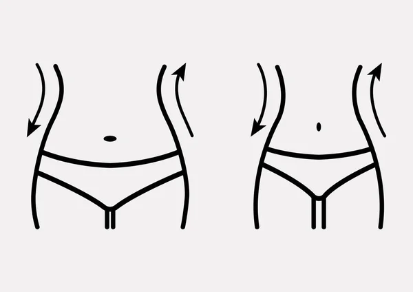 Figura femenina gorda y delgada, antes y después de la pérdida de peso. Silueta de cuerpo femenino. Cintura de las mujeres, pérdida de peso, dieta, línea de la cintura icono. Ilustración vectorial — Vector de stock