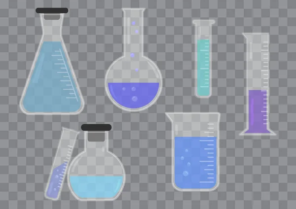 Üveg kémiai lombik szett, színes folyadékkal átlátszó háttéren. Vektoros illusztráció — Stock Vector