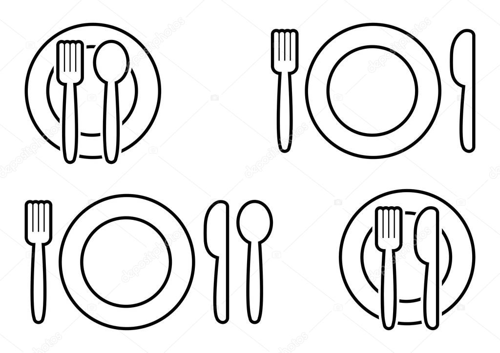 Black set of cutlery. Fork, spoon, knife and plate, outline design. Vector illustration