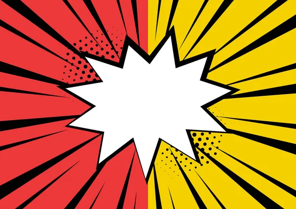 Bolha de discurso em quadrinhos vazia branca com estrelas e pontos em fundo vermelho e amarelo. Ilustração vetorial em estilo pop art — Vetor de Stock