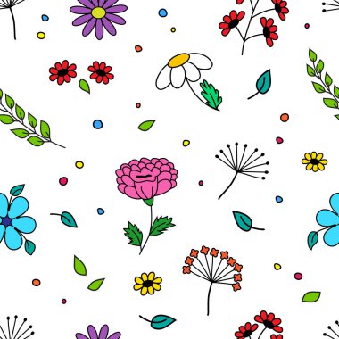 Renkli farklı çiçekler ve bitki ile Dikişsiz desen, el çizilmiş. Vektör çizimi