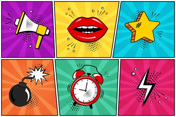 Colorido conjunto de cómic icono en el estilo de arte pop. Megáfono, labios, estrella, bomba, despertador, relámpago. Ilustración vectorial — Vector de stock