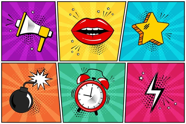 Pop art tarzı komik ikon Renkli seti. Megafon, dudaklar, yıldız, bomba, çalar saat, yıldırım. Vektör çizimi