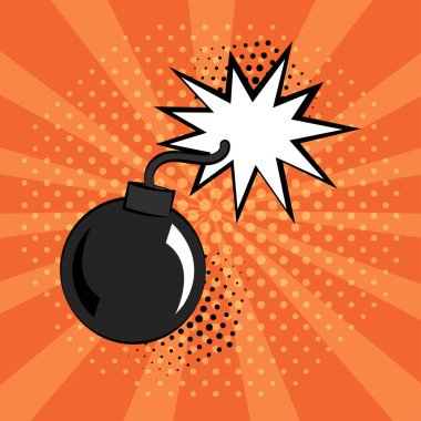 Pop art tarzı turuncu arka plan üzerinde Komik bomba simgesi. Vektör çizimi