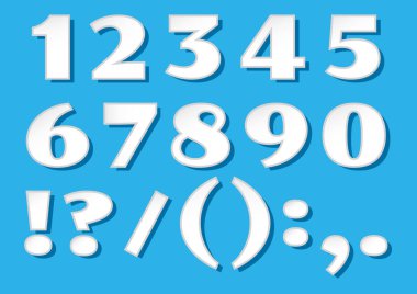 1'den 0'a kadar gölgeleri olan beyaz yazı tipi numaraları ve mavi arka plandaki karakterler. Vektör çizimi