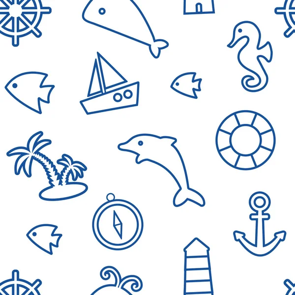 Ναυτικό ενιαίο μοτίβο, θαλάσσιο θέμα, μπλε γραμμή τέχνης σε λευκό φόντο. Απεικόνιση διανυσματικών φορέων — Διανυσματικό Αρχείο