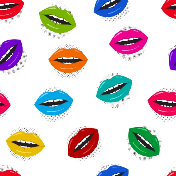 Seamless pattern with comic colorful lips with halftone shadow in pop art style isolated on white background. Vector illustration — Stock Vector