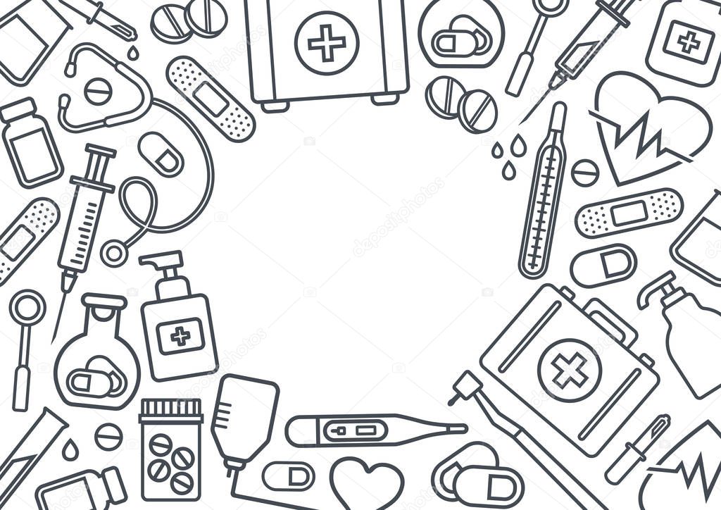 Frame with medical devices, black line art on white background, space for your text. Vector illustration