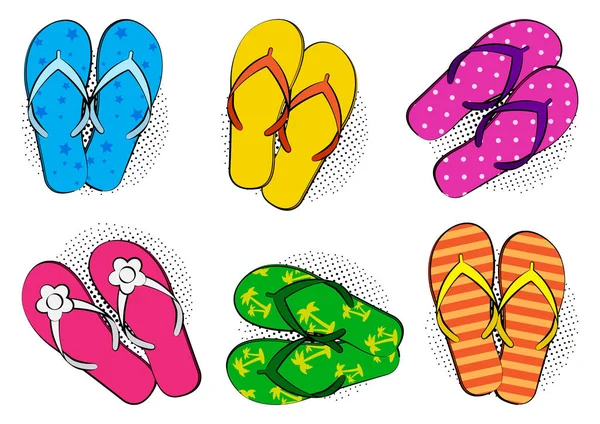 Ensemble de flip flop comique coloré d'été avec ombre demi-teinte dans le style pop art. Illustration vectorielle — Image vectorielle