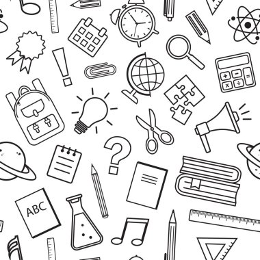 Beyaz arka planda izole edilmiş okul malzemeleriyle kusursuz bir düzen. Siyah çizgi sanatı. Vektör illüstrasyonu