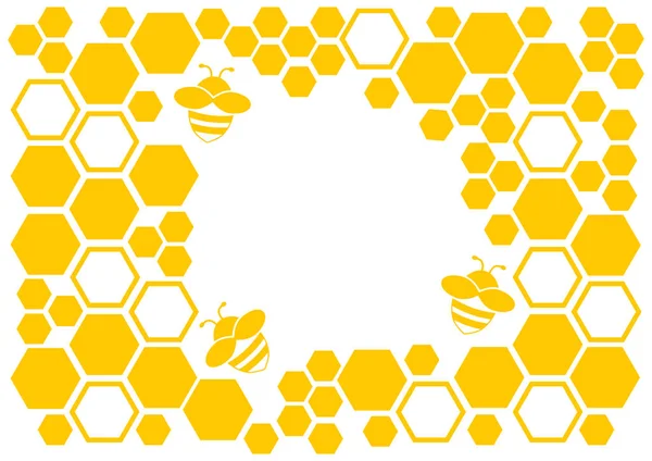 Honighintergrund, gelber Rahmen mit Wabe und Biene, Platz für Ihren Text. Vektorillustration — Stockvektor