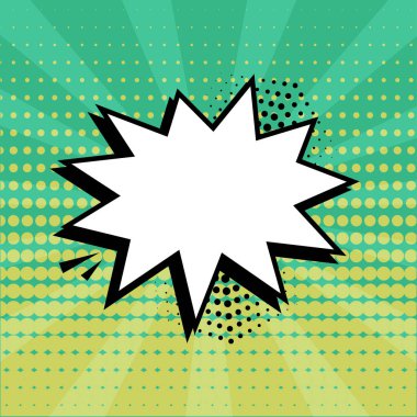 Yeşil arka planda yarı ton gölge ile beyaz boş konuşma balonu. Pop sanat tarzında Comic ses efektleri. Vektör Illustration