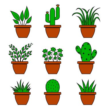 Tencere, kapalı çiçekler Oda bitkiler yeşil seti. Vektör Illustration