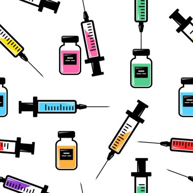 Enjeksiyon için şırınga ile tıbbi Dikişsiz desen, renkli aşı, tıp şişeleri. Vektör Illustration