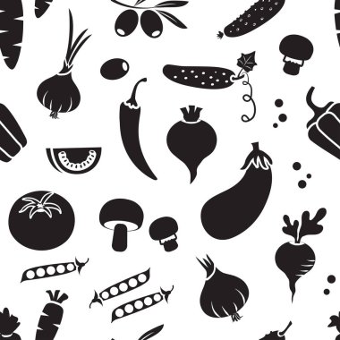 Farklı sebzeler, siyah ve beyaz tasarıma sahip dikişsiz desen. Vektör Illustration