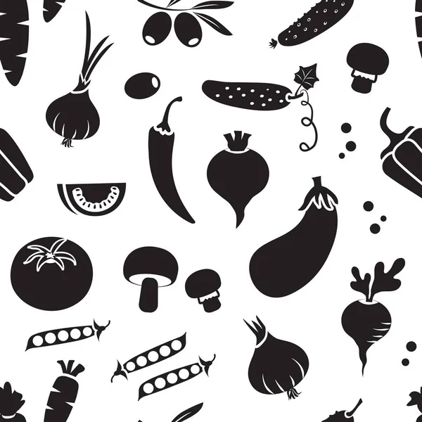 Modèle sans couture avec différents légumes, design noir et blanc. Illustration vectorielle — Image vectorielle