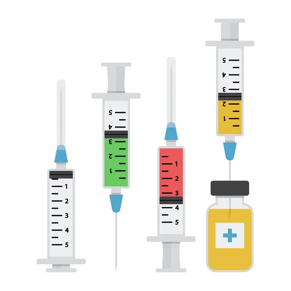 Pusta strzykawka do wstrzykiwań, strzykawki z kolorową szczepionką, fiolka z lekiem. Wektor — Wektor stockowy