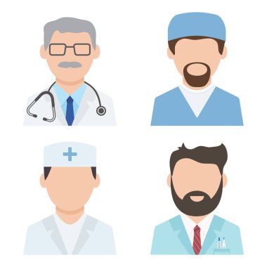Sağlık çalışanları, sağlık profesyonelavatarları, sağlık personeli, doktor simgeleri seti. Vektör çizimi