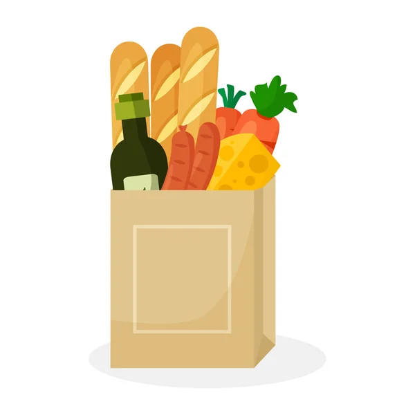 Papierpackung mit Produkten. Baguettebrot, Käse, Olivenöl, Karotten und Wurst. Vektorillustration — Stockvektor