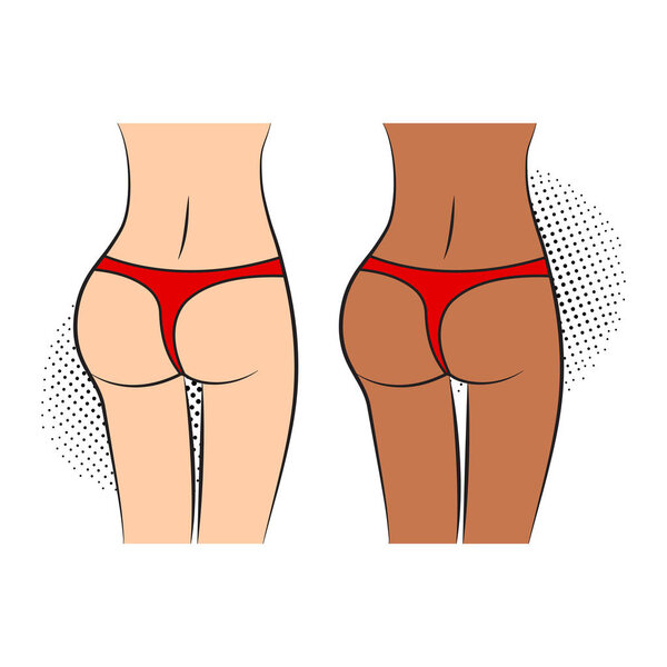 Women waist. Silhouette of female figure, back view, butt. Halftone shadow in pop art style. Vector illustration