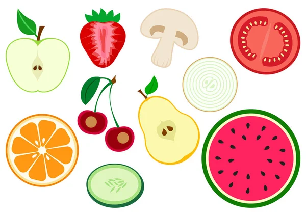 Set di mezza frutta e verdura. Mela, fragola, fungo, pomodoro, cipolla, pera, ciliegia, agrumi, cetriolo, anguria. Illustrazione vettoriale — Vettoriale Stock