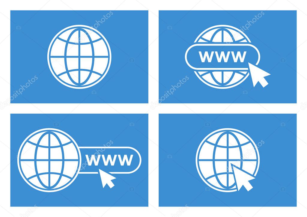 Set of website icons. White globe with pointer on blue background. Vector illustration