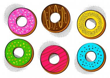 Pop art tarzı halftone gölge ile renkli farklı tatlı sırlı donut. Vektör çizimi