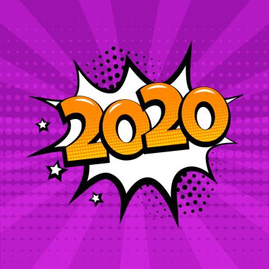 Mor arka plan üzerinde 2020 kelime ile beyaz komik kabarcık. Pop art tarzı komik ses efektleri. Vektör.