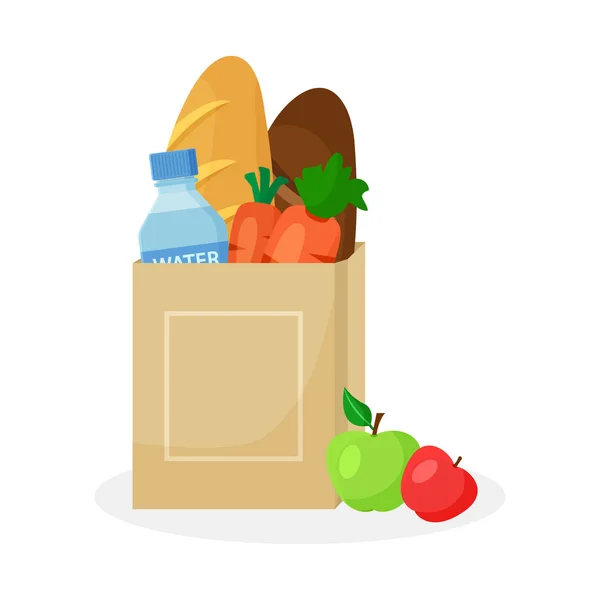 Paper package with products. Wheat and rye bread loaf, carrots, bottle of water and apples. Vector — 图库矢量图片