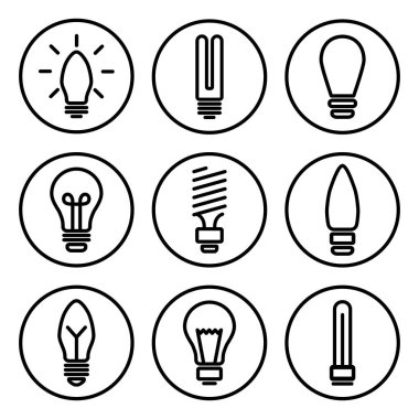 Ampul simgeleri seti, farklı lamba, Siyah yuvarlak piktogramlar, anahat tasarımı. Vektör