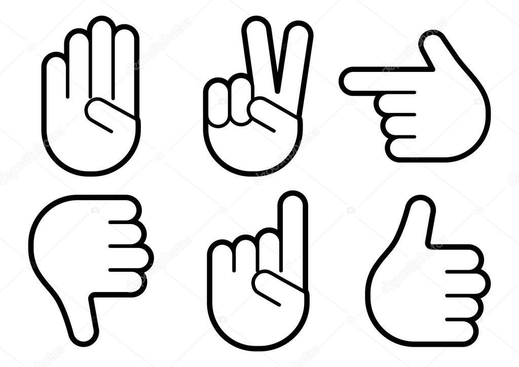 Different hands gestures of human, set of black line icons. Vector