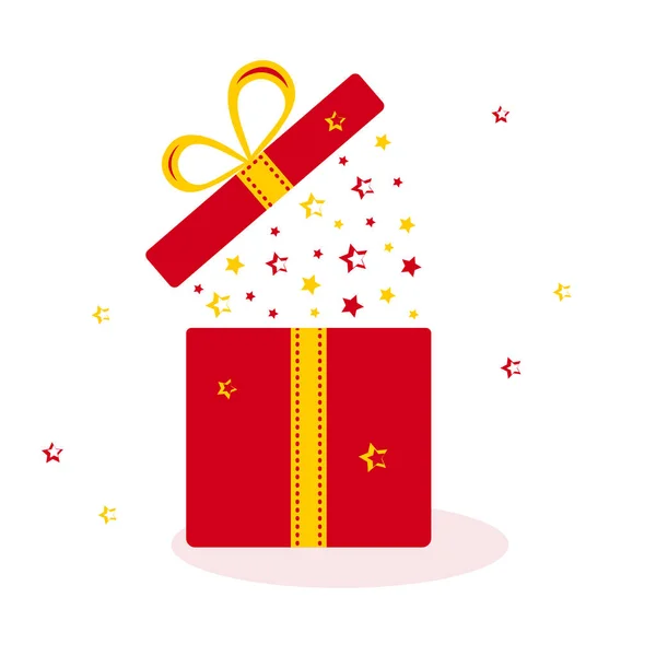 Red opened gift box with yellow and red stars. Vector — Stock Vector