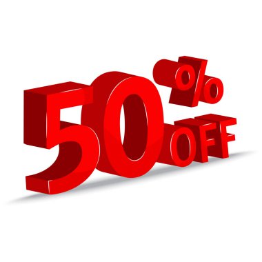 Satış. 50 kapalı. Kırmızı yazıt 3d beyaz arka plan üzerinde izole. Vektör çizimi