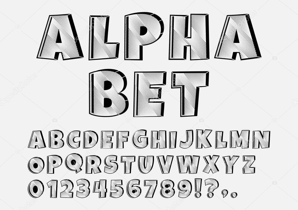Black and white graphic font, alphabet and numbers, line art. Vector