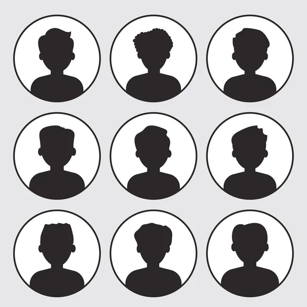 Set van Avatar profielfoto pictogram. Zwarte silhouetten op witte achtergrond. Portretten mannen. Ronde iconen. Vector illustratie — Stockvector