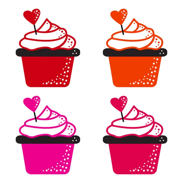 Buntes Cupcake-Set mit Herz zum Valentinstag. Vektorillustration — Stockvektor