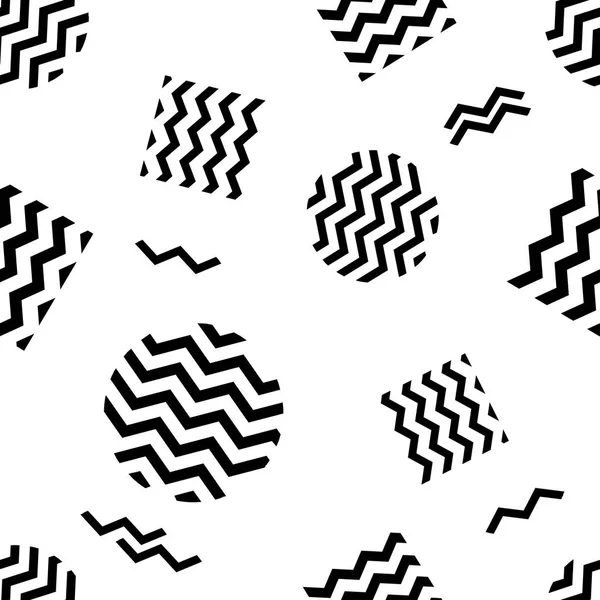 Geometriskt sömlöst mönster med svarta randiga cirklar och kvadrater på vit bakgrund. Vektor illustration — Stock vektor