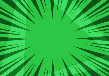 Yeşil çizgi roman sanatının soyut arka planı, güneş ışınları, metin için boşluk. Vektör